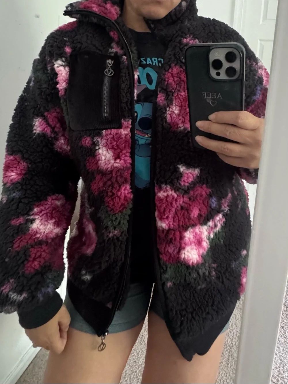 Victoria's Secret Black Sherpa Jacket with Pink Floral Print